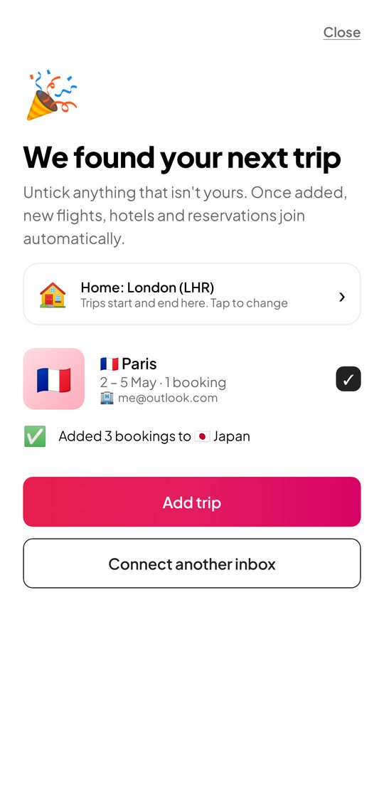 Upcoming trips found in your inbox