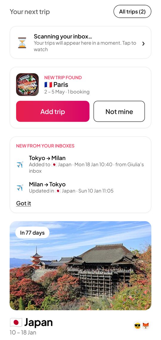 Viaggiatore home: your next trip, overview and today's plan